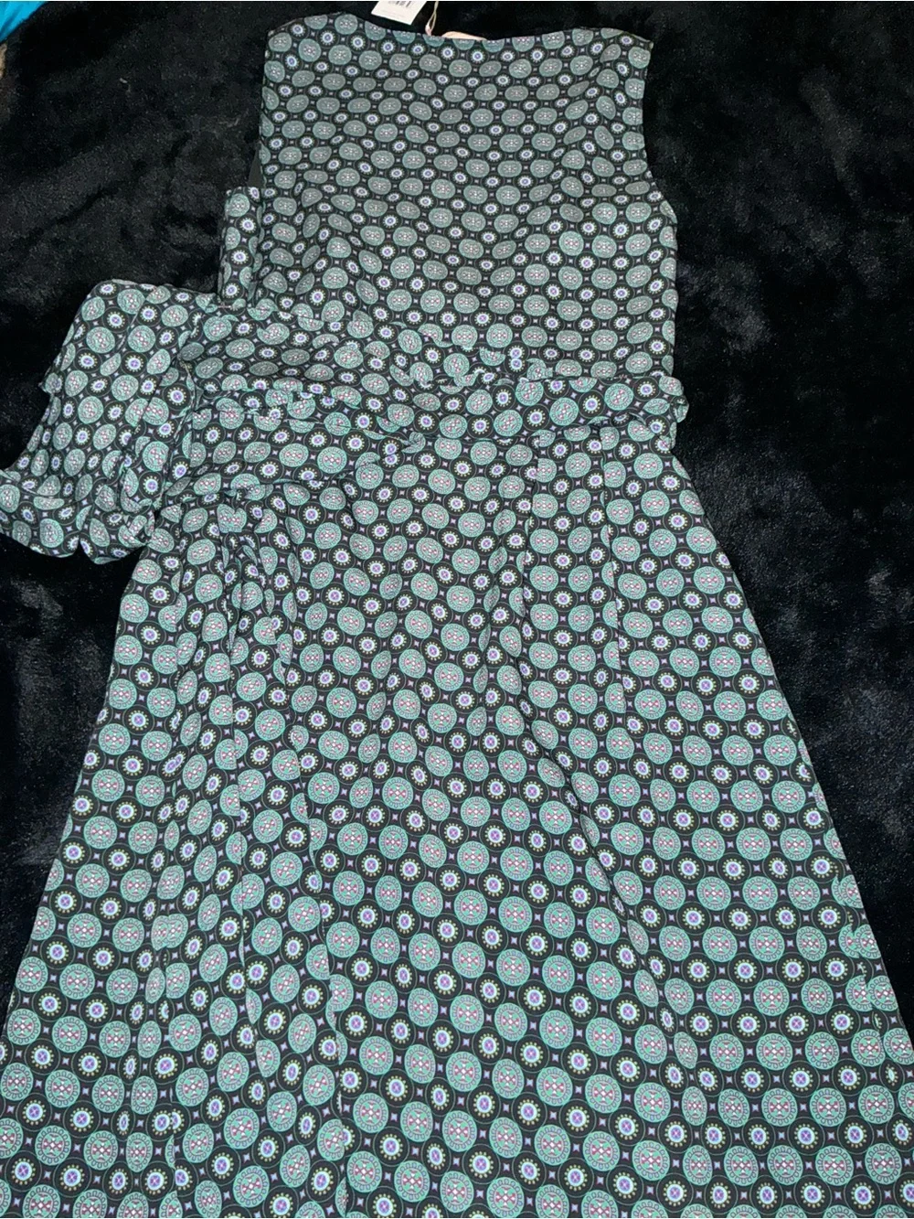 Tory Burch Ruffle Wrap Dress Black Medallion Maxi Dress with Teal Circular Print